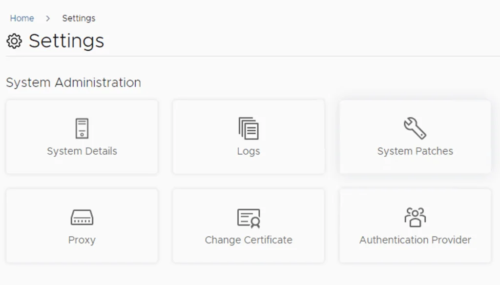 Settings page with System Patches, System Details, Logs, Proxy, Change Certificate, and Authentication Provider options.