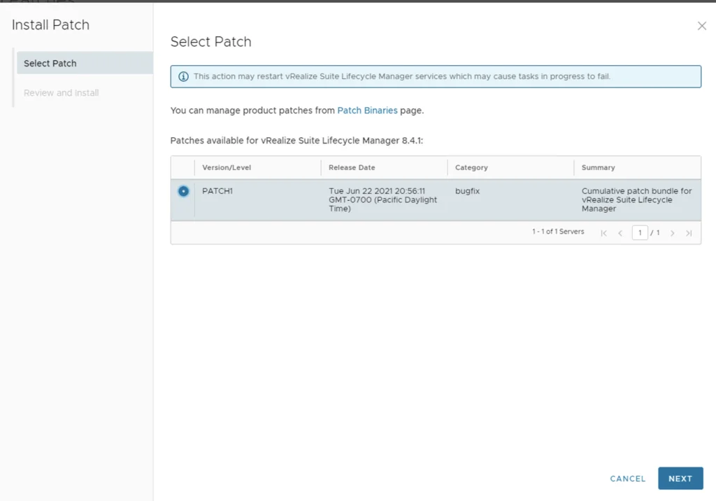 Selecting Patch 1 for vRealize Lifecycle Manager 8.4.1.1, click Next.