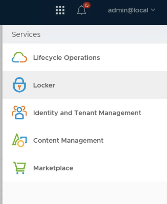 The image shows a menu with options like Lifecycle Operations, Locker, Identity and Tenant Management, Content Management, and Marketplace.