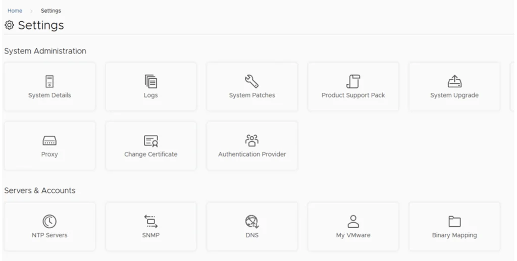 Settings page with options for VMware management, including VMware details, logs, patches, and upgrades.