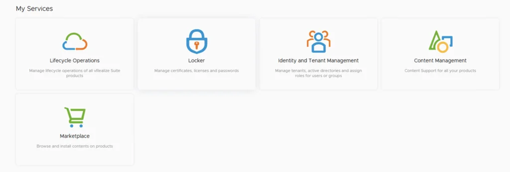 The image shows a user interface with five services: Lifecycle Operations, Locker, Identity and Tenant Management, Content Management, and Marketplace.