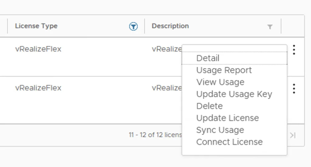 Menu options for vRealize Flex licenses: Detail, Usage Report, View Usage, etc.
