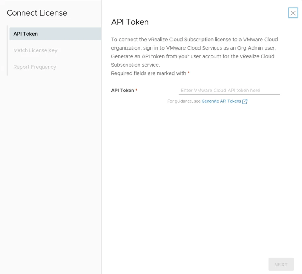 API Token step in vRealize Cloud License connection wizard.