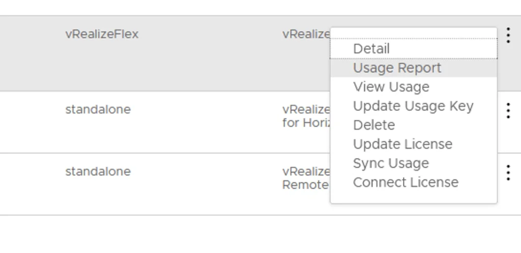 Dropdown menu shows options for vRealize Flex standalone licenses, including Usage Report.