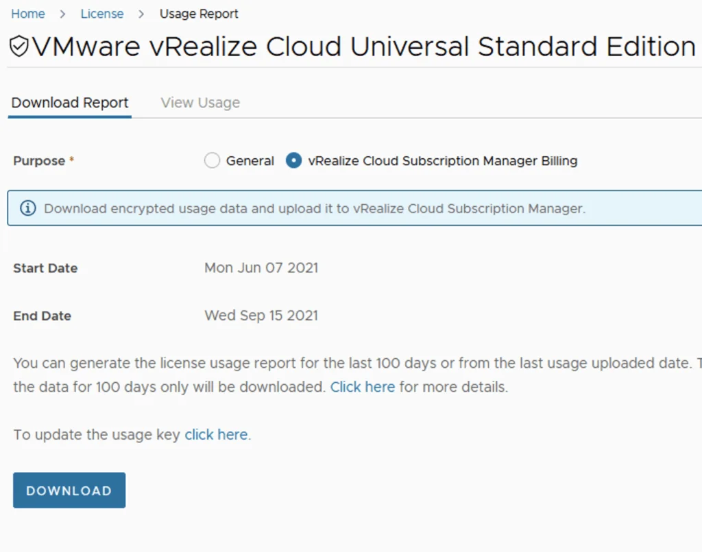 The image shows a usage report for vRealize Cloud Universal Standard Edition, with options to download encrypted usage data and update the usage key.