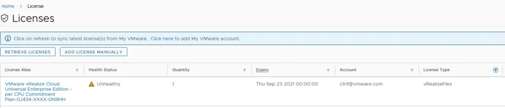 License management interface shows vRealize Cloud Universal Enterprise Edition license with an unhealthy status.