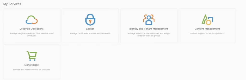 vRealize Lifecycle Manager dashboard with services like Lifecycle Operations, Locker, Identity and Tenant Management, Content Management, and Marketplace.
