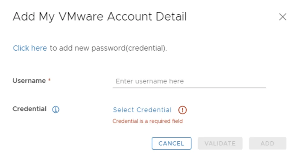 Add VMware account details; username required, credential mandatory.