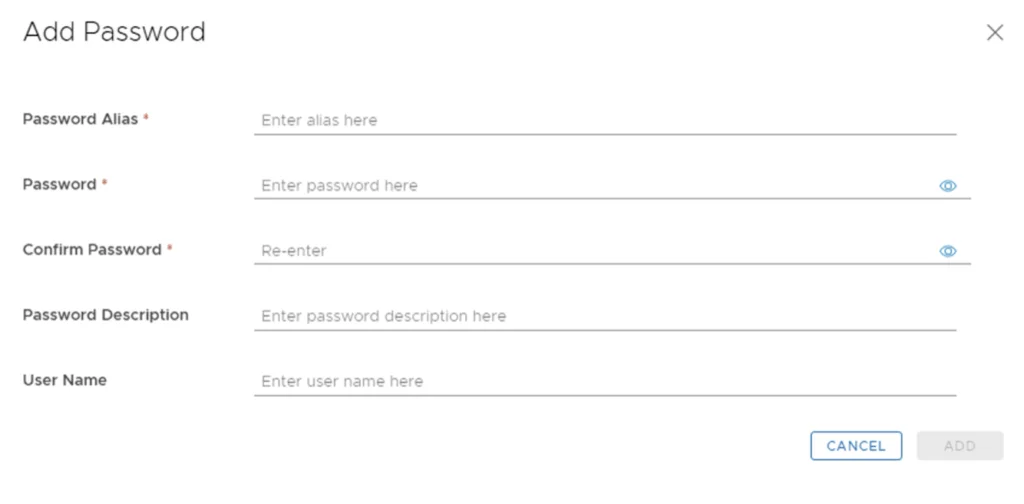 Add password details: alias, password, confirm, description, username.