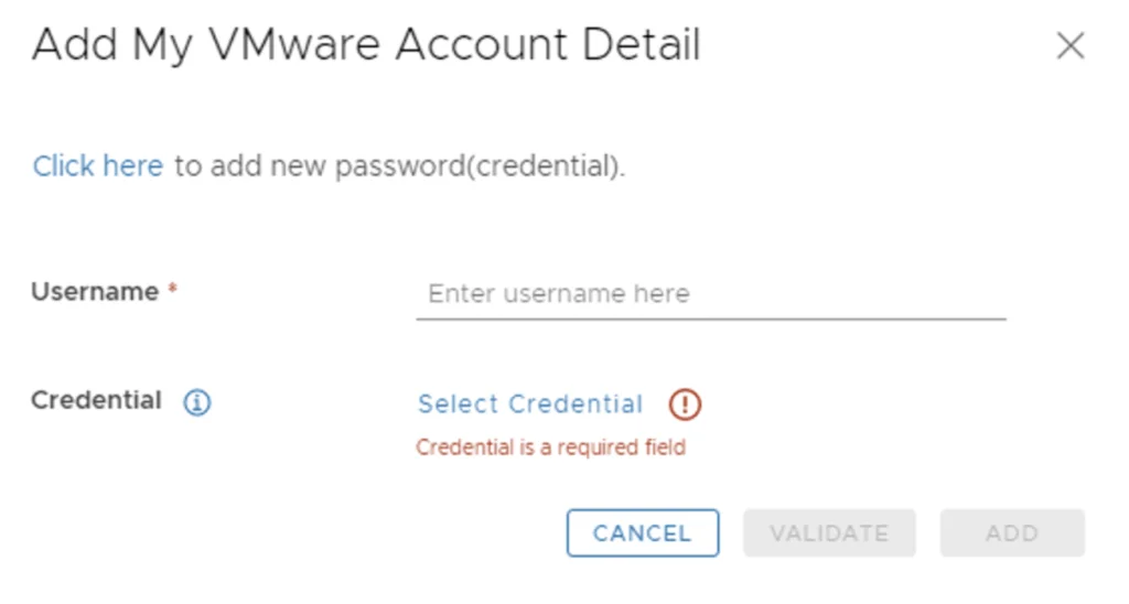 Add VMware account details: username, select credential, validate, add.