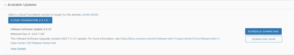 UI shows Cloud Foundation 4.3.1.0 update options for NSX-T 3.1.3.1.