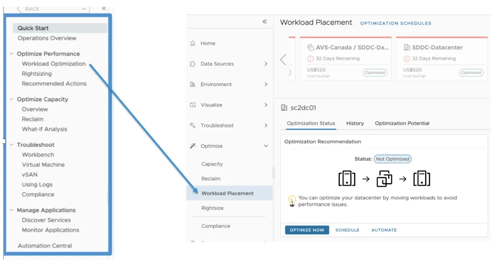 UI shows “Workload Placement” under “Optimize” menu, with options to optimize now, schedule, or automate.