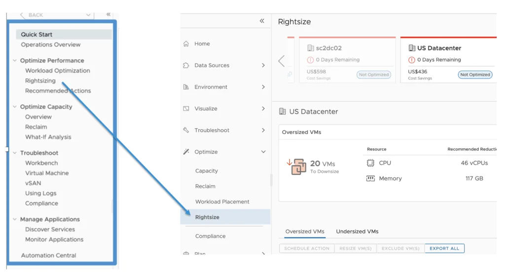 The image shows the vROPS 8.6 UI with the “Rightsize” option under the “Optimize” menu, replacing the old “Workload Placement” label.