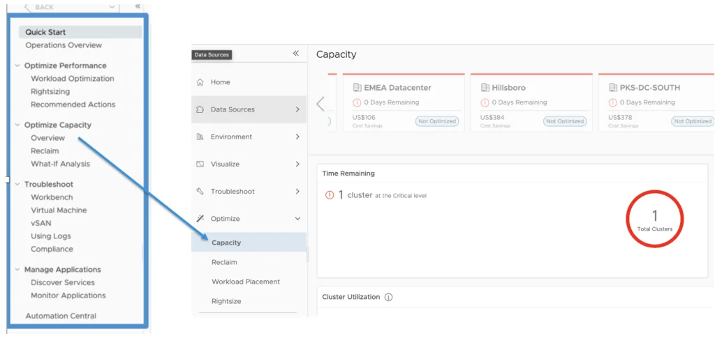 The image shows the Optimize Capacity Overview page under the Optimize menu in vROPS 8.6.