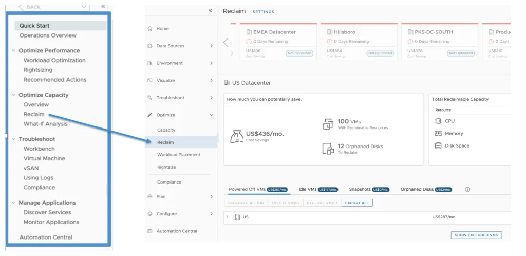 Reclaim menu under Optimize shows savings potential and reclaimable resources.