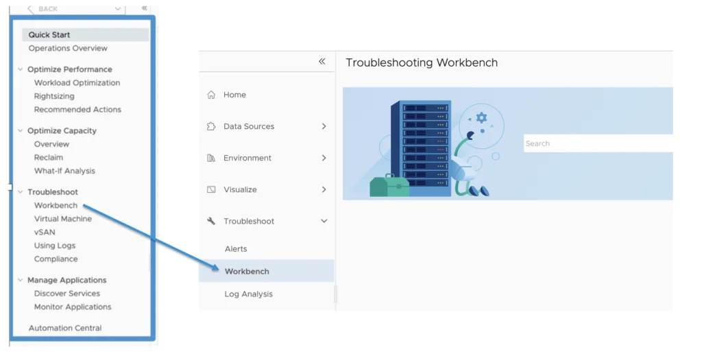 Troubleshooting Workbench under Troubleshoot menu in vROPS 8.6 UI.