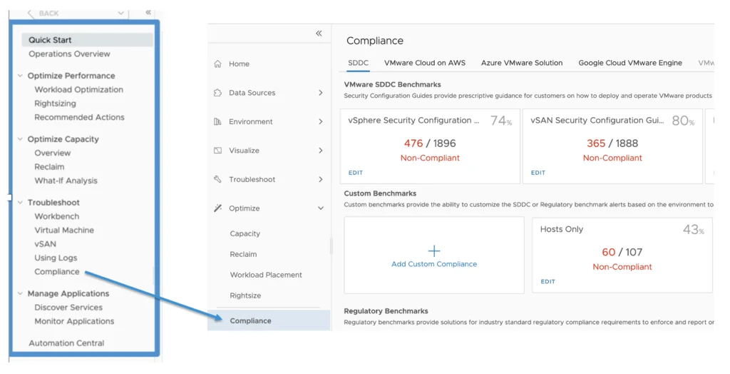 The compliance menu is now under Optimize -> Compliance in vROPS 8.6.