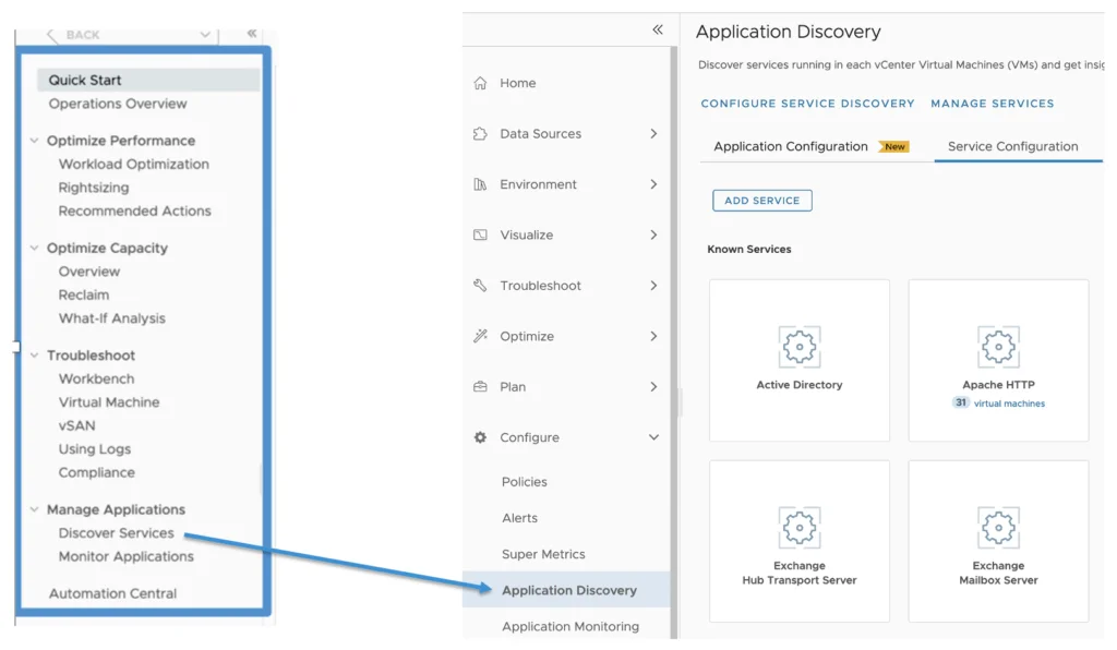 UI shows “Application Discovery” under Configure, listing services like Active Directory and Apache HTTP.