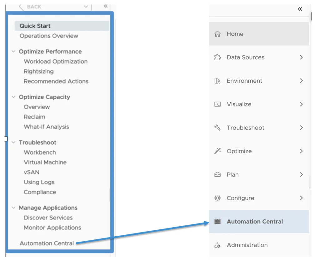 Automation Central visible under Manage Applications in vROPS 8.6 UI.
