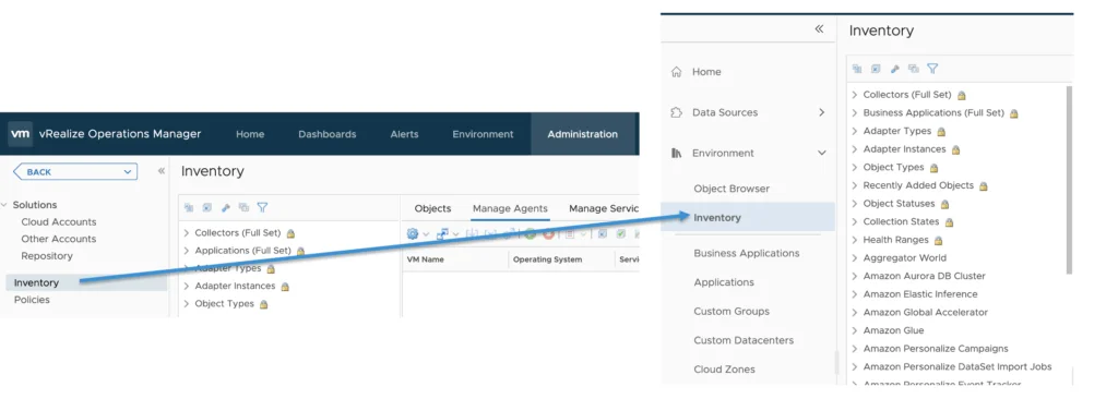 The Inventory menu is now under Environment -> Inventory in vROPS 8.6.