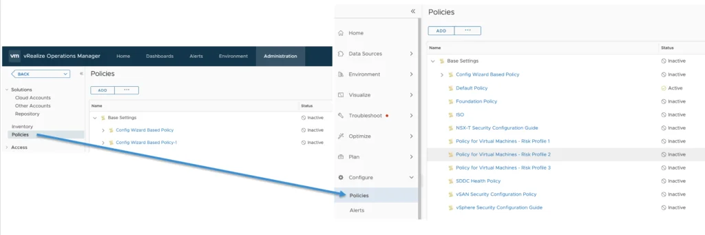 The Policies menu under Configure now lists various policies for vRealize Operations Manager.