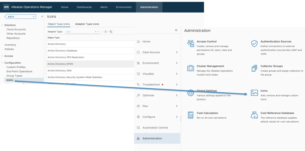 The image shows vRealize Operations Manager Administration menu with “Icons” under Administration.