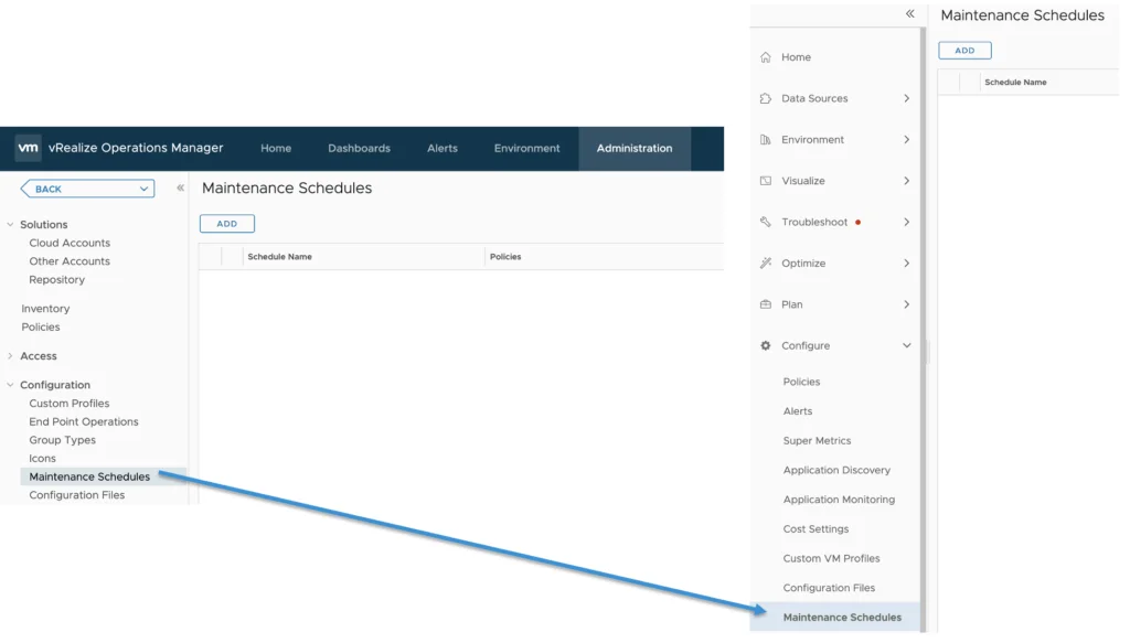 Maintenance Schedules under Configure in vROPS 8.6.