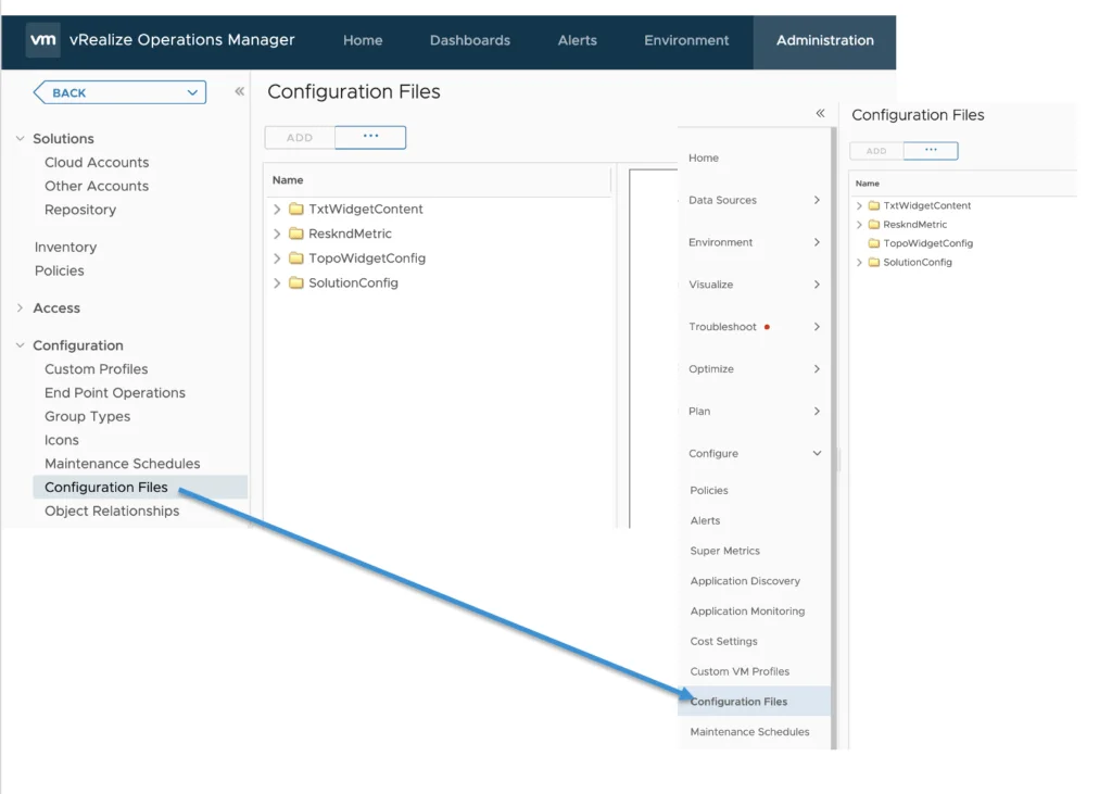 The image shows the vRealize Operations Manager interface with “Configuration Files” under “Configure” in the Administration section.