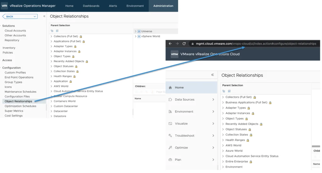 The Object Relationships page is accessible via a URL, showing the UI elements for configuration.