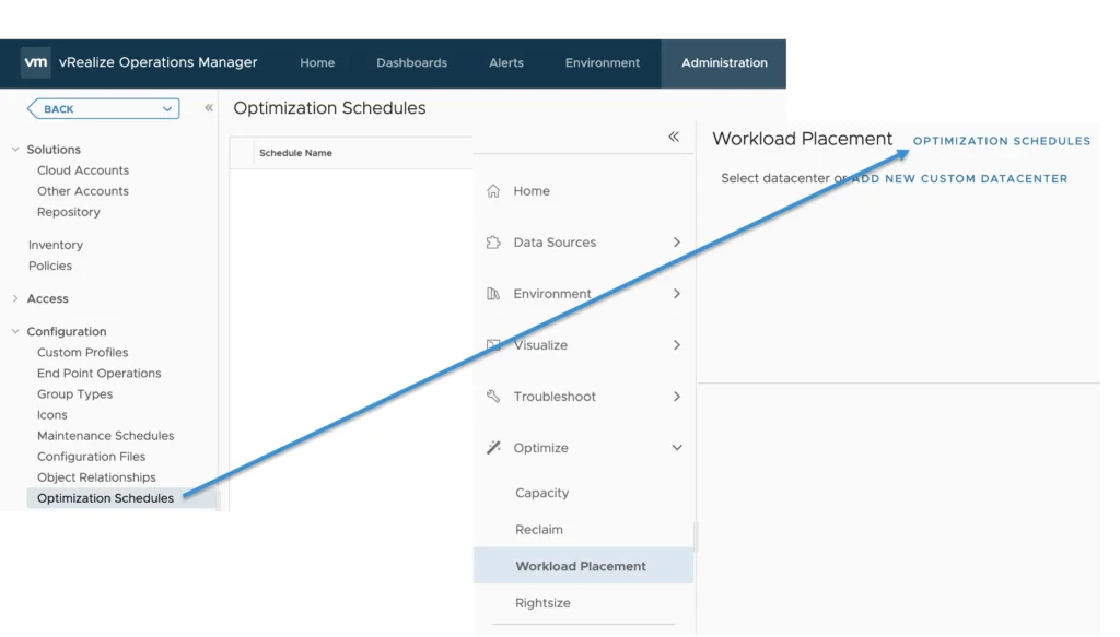 In vRealize Operations Manager, navigate to Optimize -> Workload Placement -> Optimization Schedules.