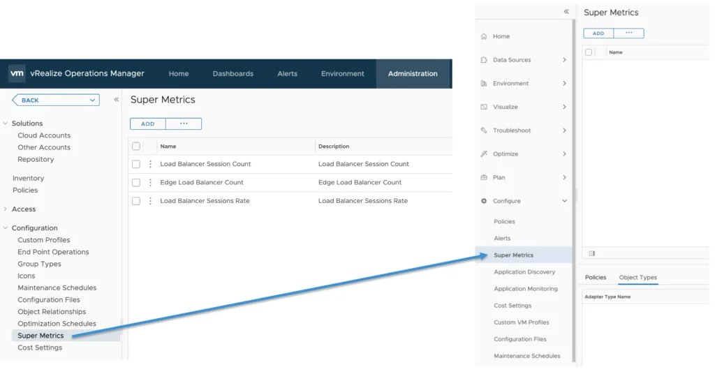 The image shows the Super Metrics section in vRealize Operations Manager 8.6 Administration, under Configure -> Super Metrics.
