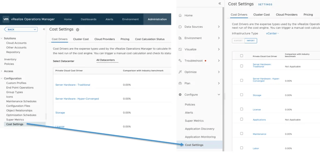 Cost Settings page showing cost drivers and infrastructure type in vRealize Operations Manager.