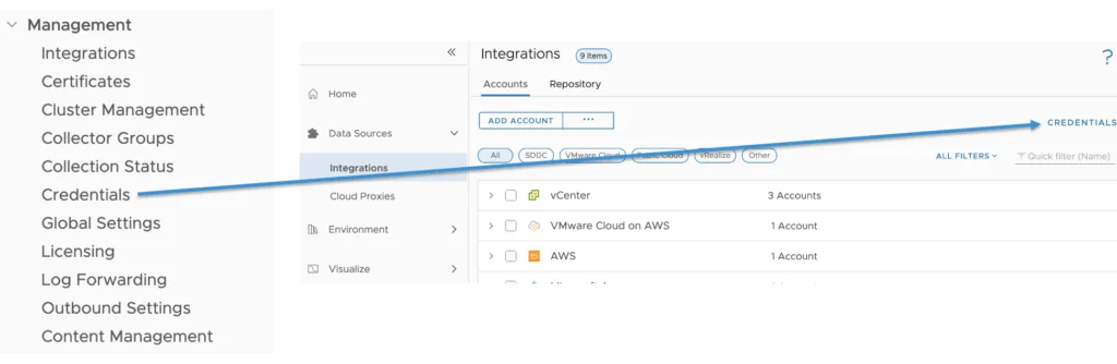 The image shows vROPS 8.6 Integrations page with credentials consolidated under Data Sources -> Integrations -> Credentials.