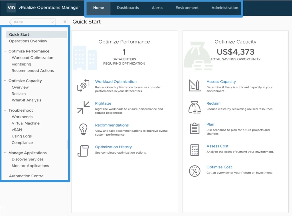 vRealize Operations Manager UI showing Quick Start, Optimize Performance, and Optimize Capacity options.