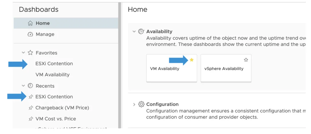 The image shows a dashboard with favorites and recent items, highlighting “ESXi Contention” and “VM Availability.