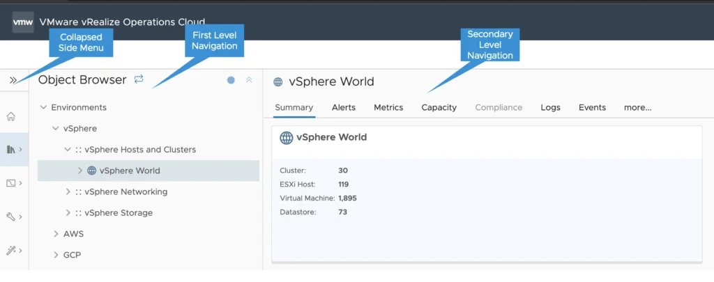 The image shows a VMware vRealize Operations Cloud UI with a collapsed side menu, first-level navigation, and secondary-level navigation for easier menu navigation.