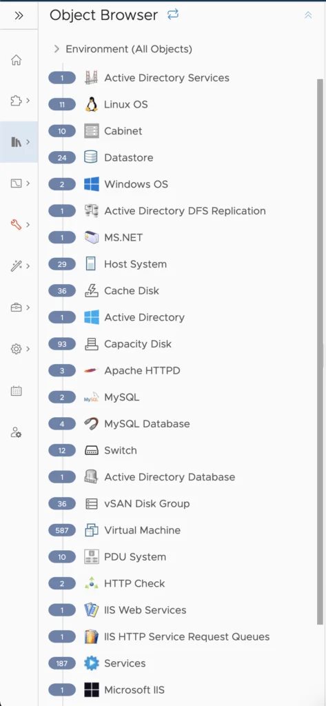 The object browser displays various system components like Active Directory, Linux OS, and MySQL, facilitating management and monitoring in vROPS 8.6.