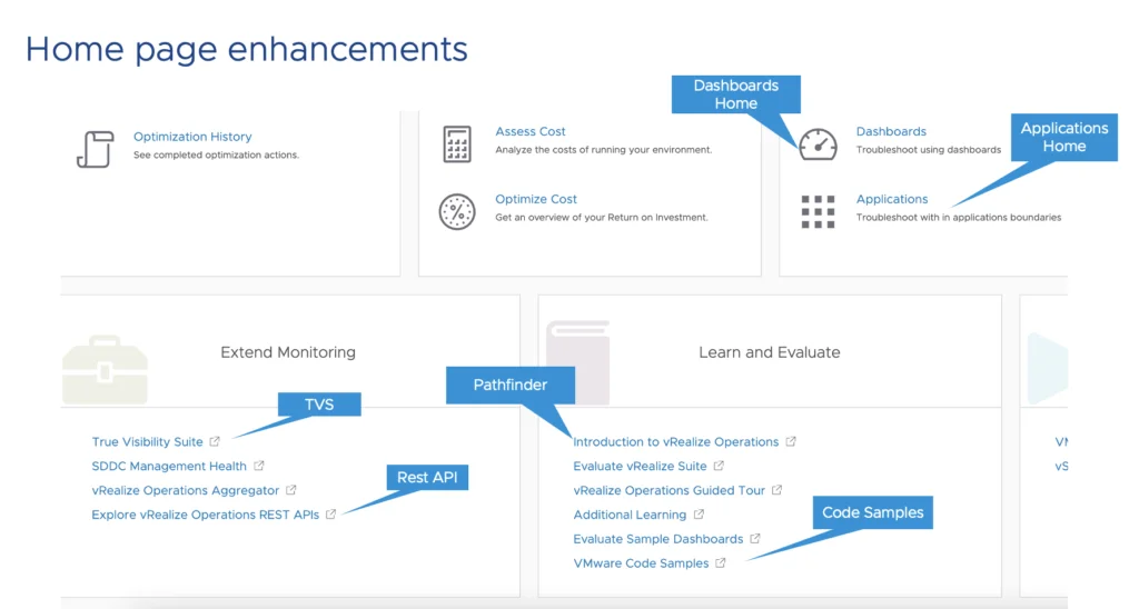 Home page enhancements include dashboards, applications, TVS, Pathfinder, and code samples.