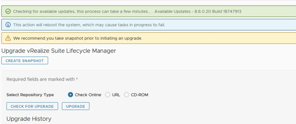 Upgrade vRealize Suite Lifecycle Manager wizard shows available update and upgrade options.