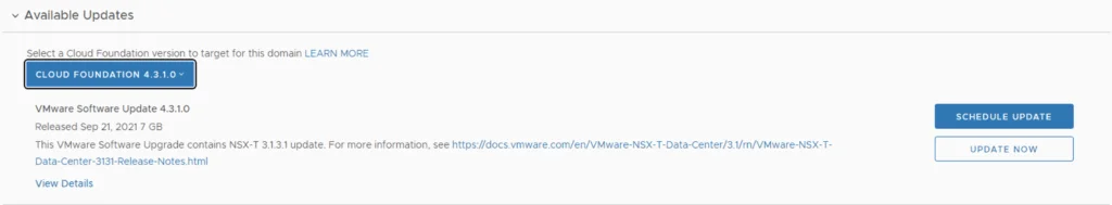 Update page for Cloud Foundation 4.3.1.0 with ‘Update Now’ button visible.