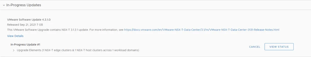 In-Progress Updates screen shows VMware Software Update 4.3.1.0 with NSX-T 3.1.3.1 update.