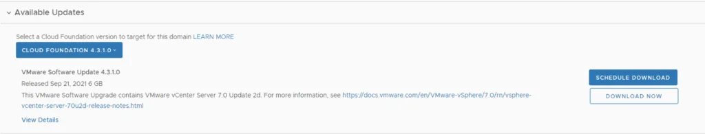 The image shows a dropdown menu for selecting a Cloud Foundation version, with options for downloading updates.