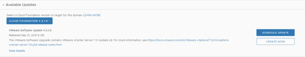 The image shows a UI for scheduling a VMware Cloud Foundation update from 4.1.0.1 to 4.3.1.0.