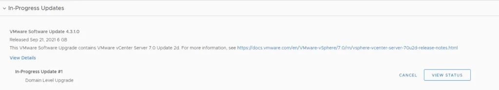 In-progress updates show a domain-level upgrade in progress.