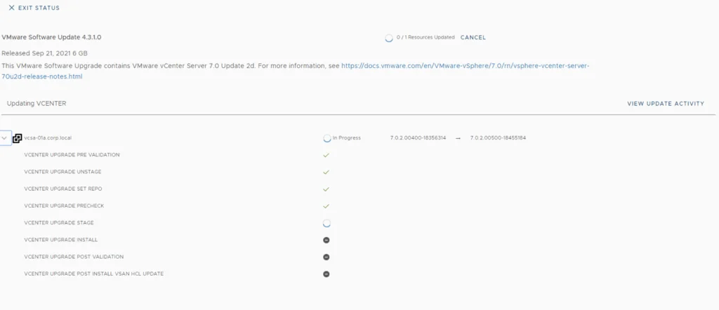 VMware Software Update 4.3.1.0 is in progress, showing upgrade stages and status.