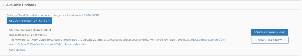 UI shows Cloud Foundation 4.3.1.0 update details, including download options.