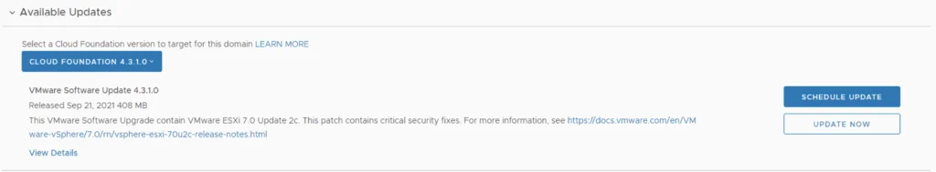 Update now button visible for VMware Software Update 4.3.1.0.