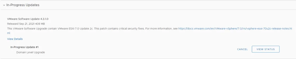 VMware Software Update 4.3.1.0 in progress, status viewable.
