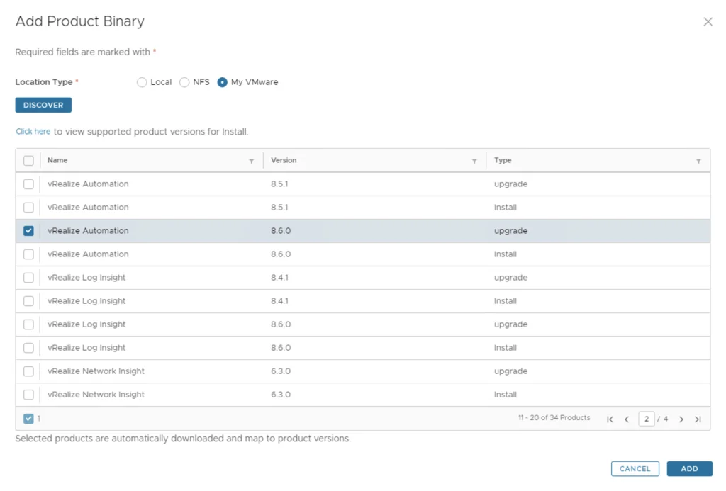 The image shows a step in upgrading vRA, allowing selection of vRealize Automation 8.6.0 for upgrade.