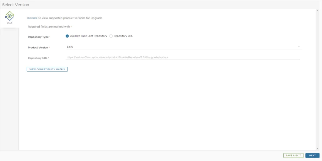Upgrading vRA to 8.6.0, select version, view compatibility matrix.